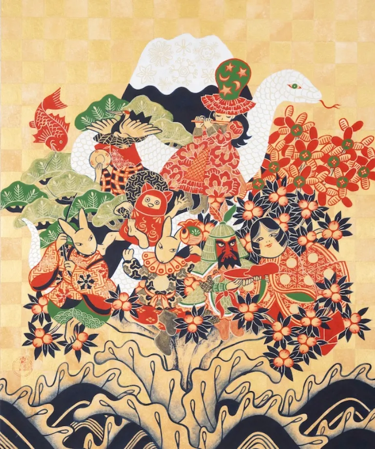 中村あや子 七福神の花園 紙本彩色5号大 共シール 日本画 原画 絵画 真